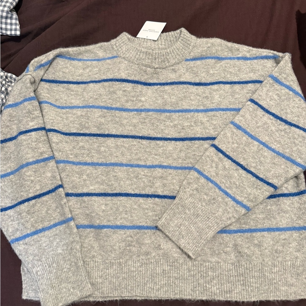 American Eagle Gray and Blue Striped Sweater